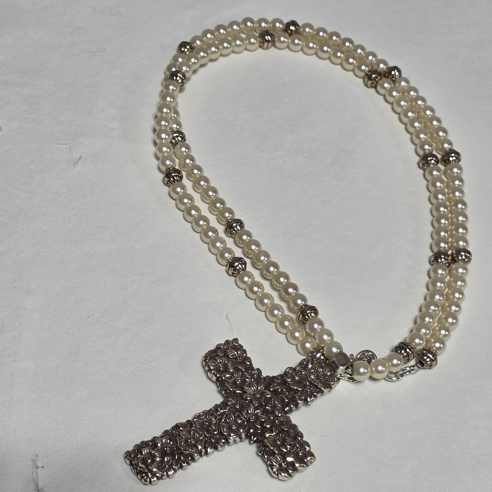 Brighton Floral Cross Pearl Necklace 18" Silver Tone Cream Beaded Retired - Picture 8 of 8